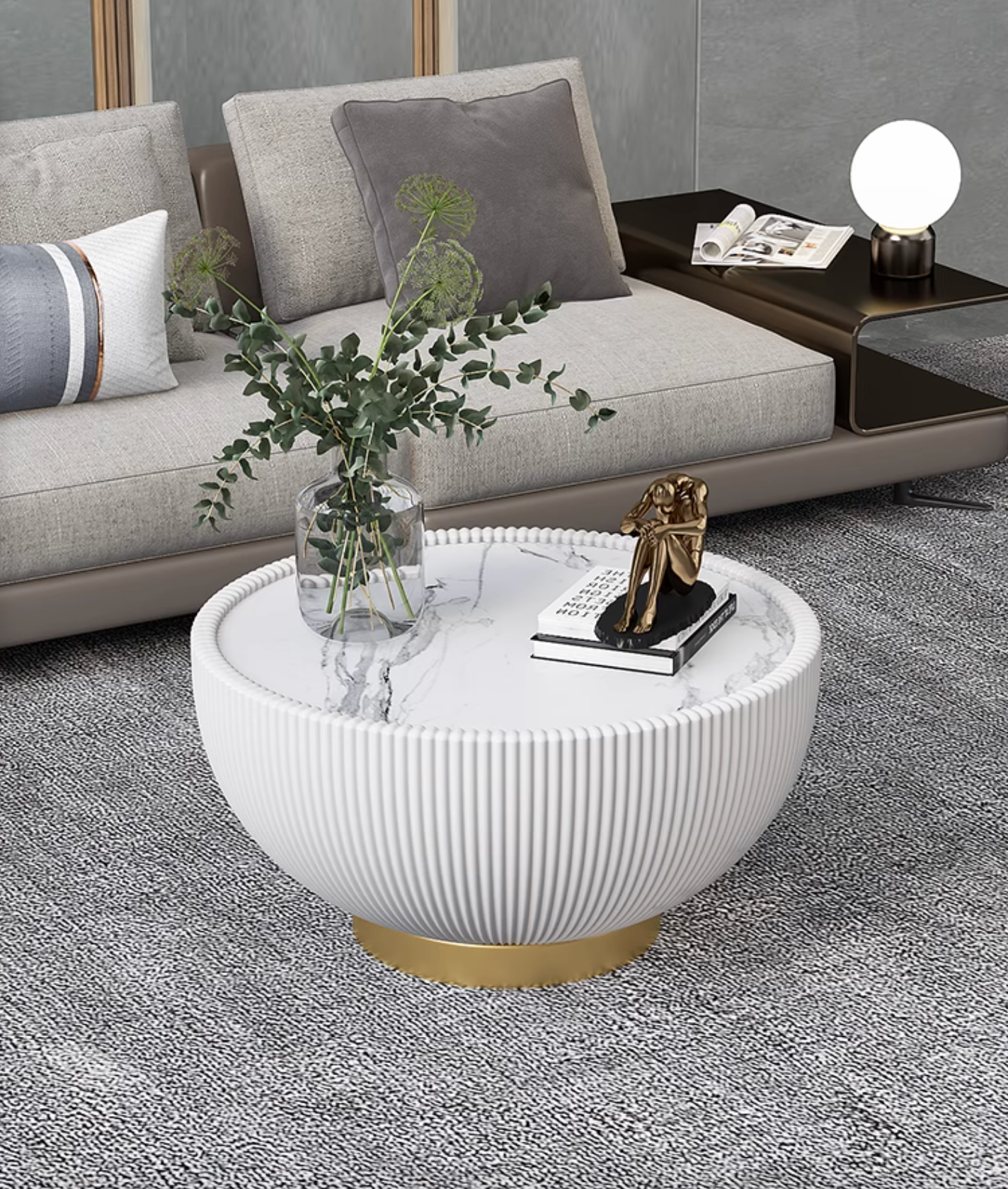 Theo coffee table set black with white marble top vertical ribbed sides and gold base coffee table