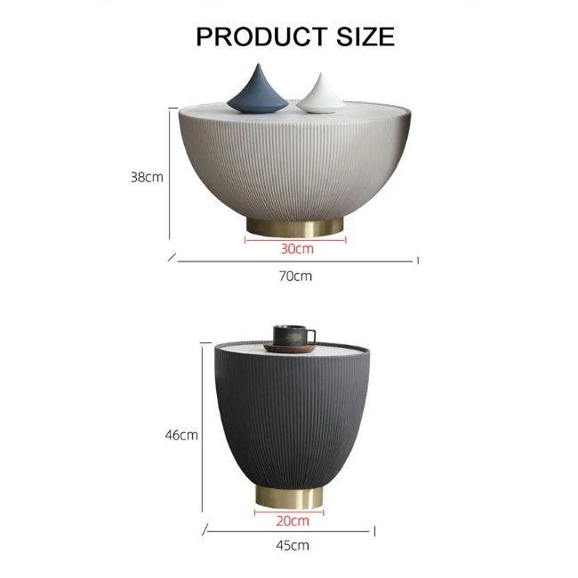 Modern ceramic theo coffee table with ribbed bowl-shaped white body and gold metal base in coffee table set