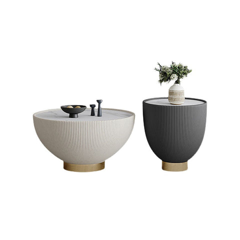 Modern minimalist theo coffee table set with ribbed gray and white ceramic bodies and gold-toned circular bases
