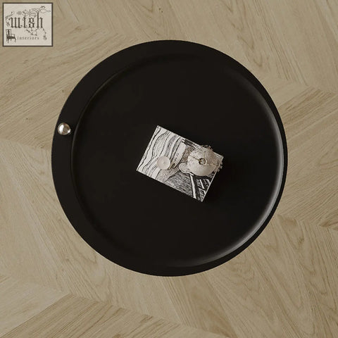 Theo side table black with a piano baking varnish matte circular tray and small metallic accent on the side