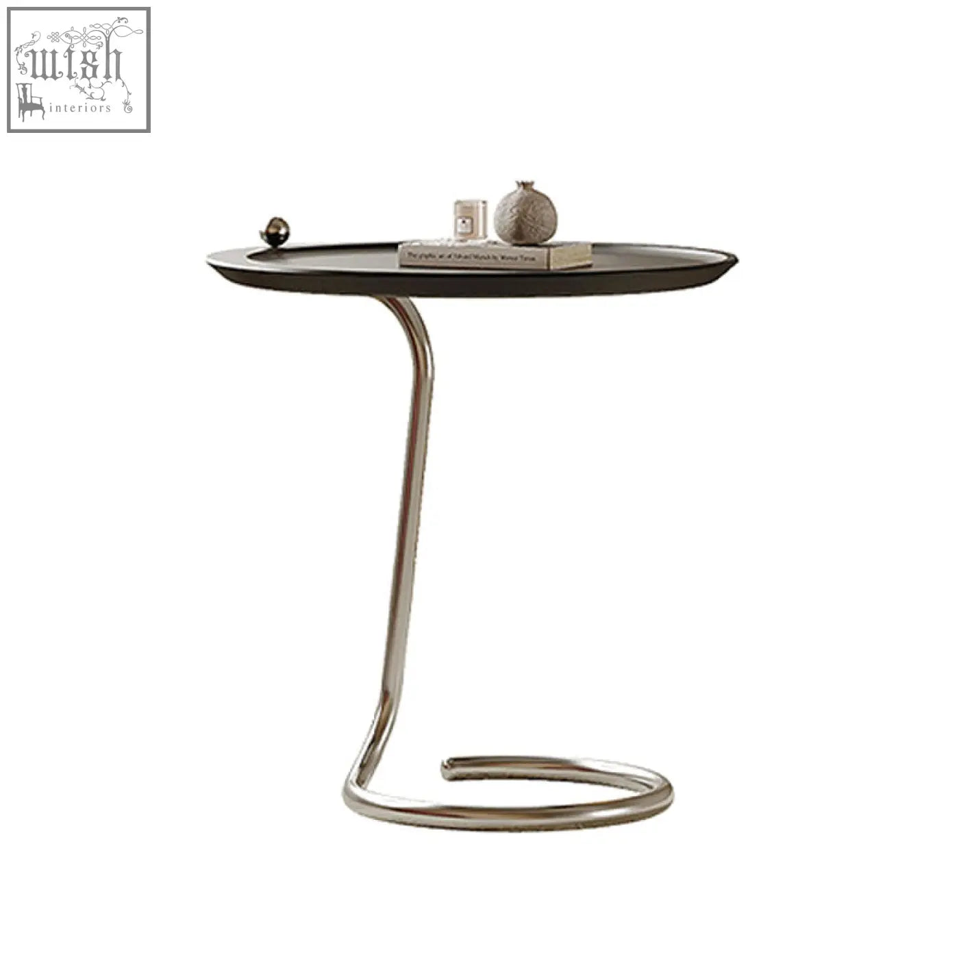 Theo side table black with modern oval top and sleek curved chrome base finished in piano baking varnish