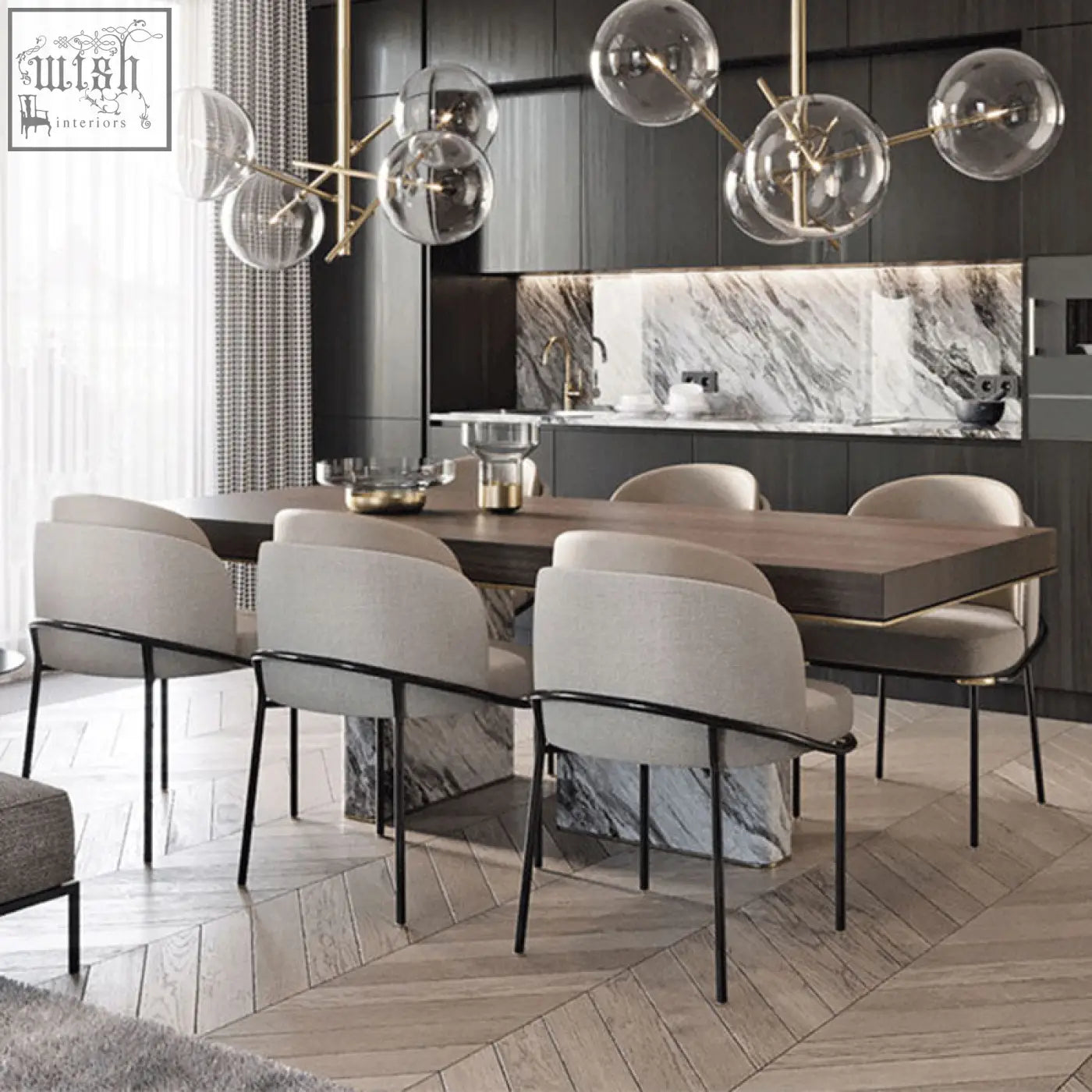 Modern dining table with sleek wooden top and marble base surrounded by grey upholstered theobald dining chairs