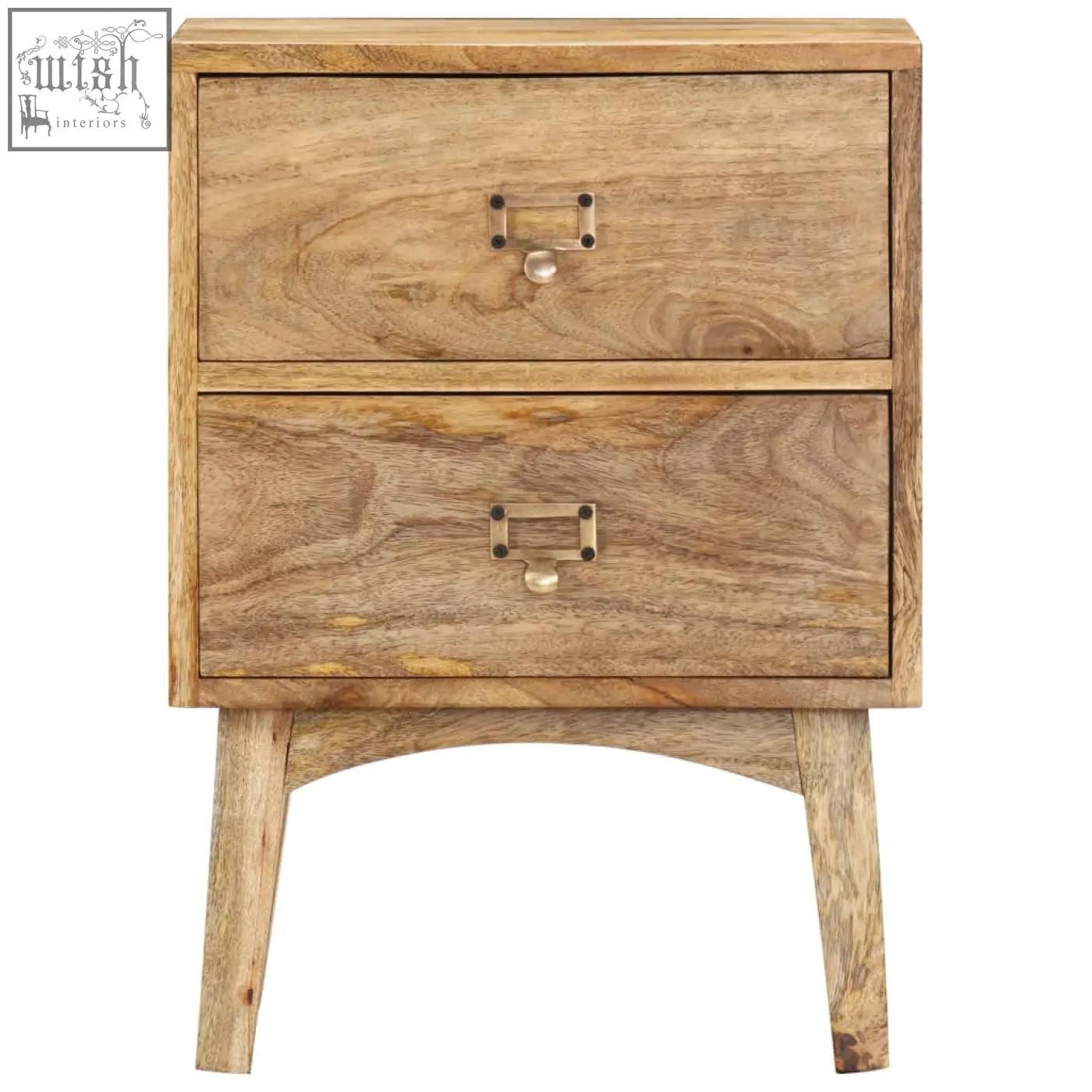 A rustic theren mango wood nightstand with two drawers, brass handles, angled legs, and ample storage space