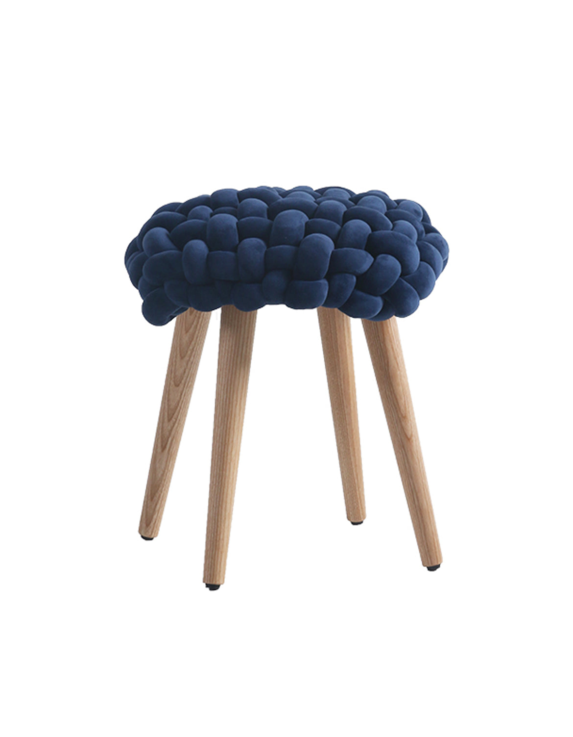 Navy blue knitted fabric knot dressing table stool with thick knot design and light wood legs for dressing table use