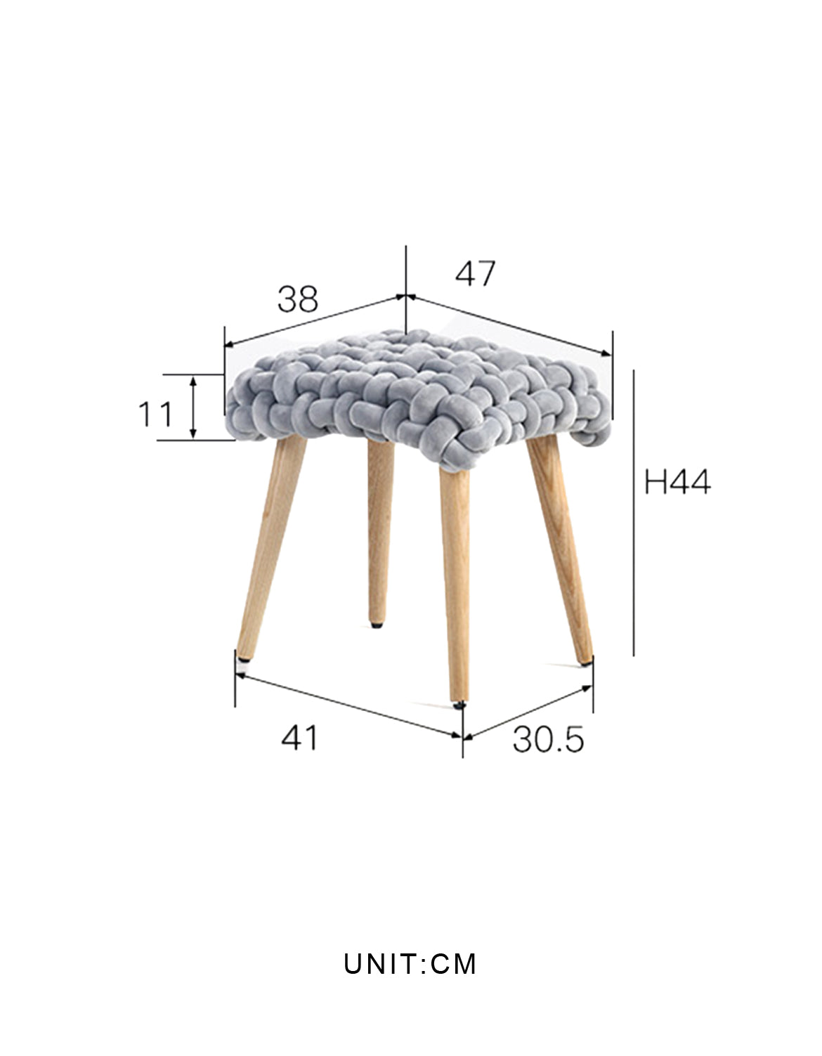 Gray knitted fabric dressing table stool with thick knot design and light wood legs for knot dressing table use