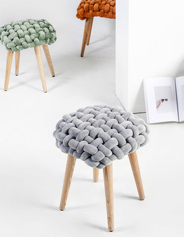 Gray knitted thick knot dressing table stool with wooden legs perfect as a cozy dressing table stool
