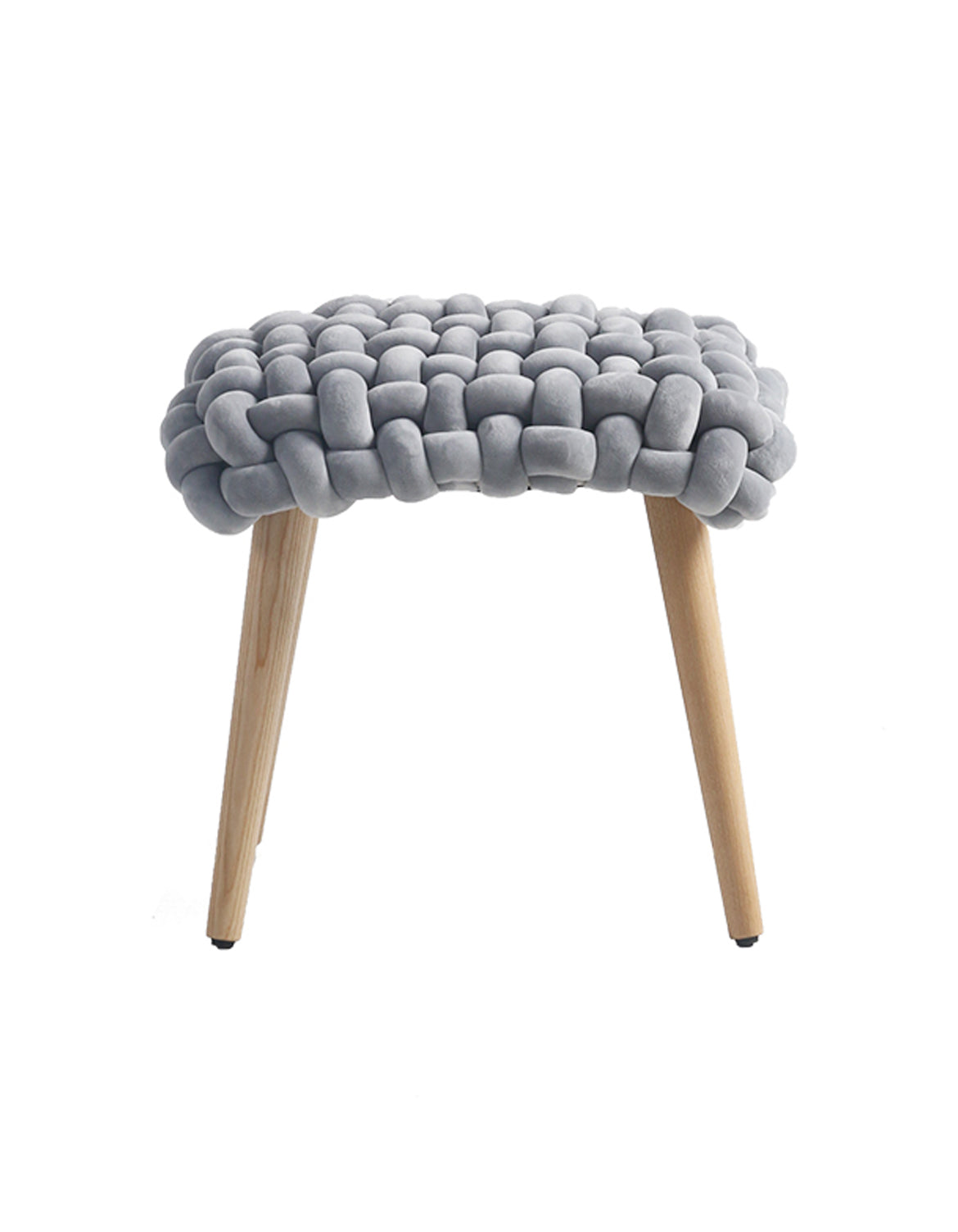 Gray knitted fabric knot dressing table stool with thick knot design and light wood legs for dressing table use