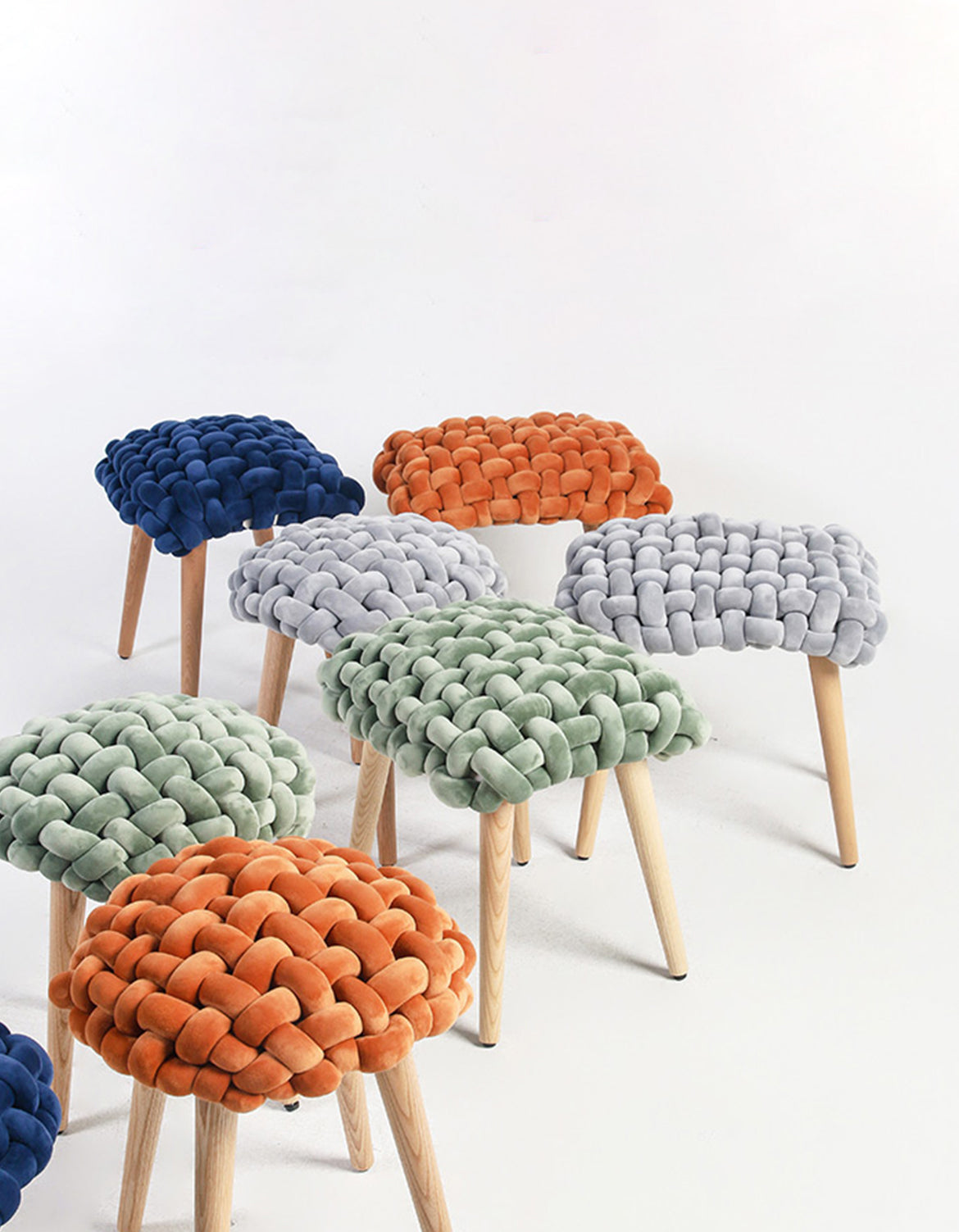 Thick knot dressing table stool with knitted velvet seat in orange blue and green and wooden legs for knot dressing