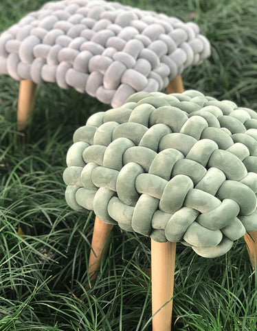 Thick knot dressing table stool with mint green knitted fabric and wooden legs perfect as a dressing table stool