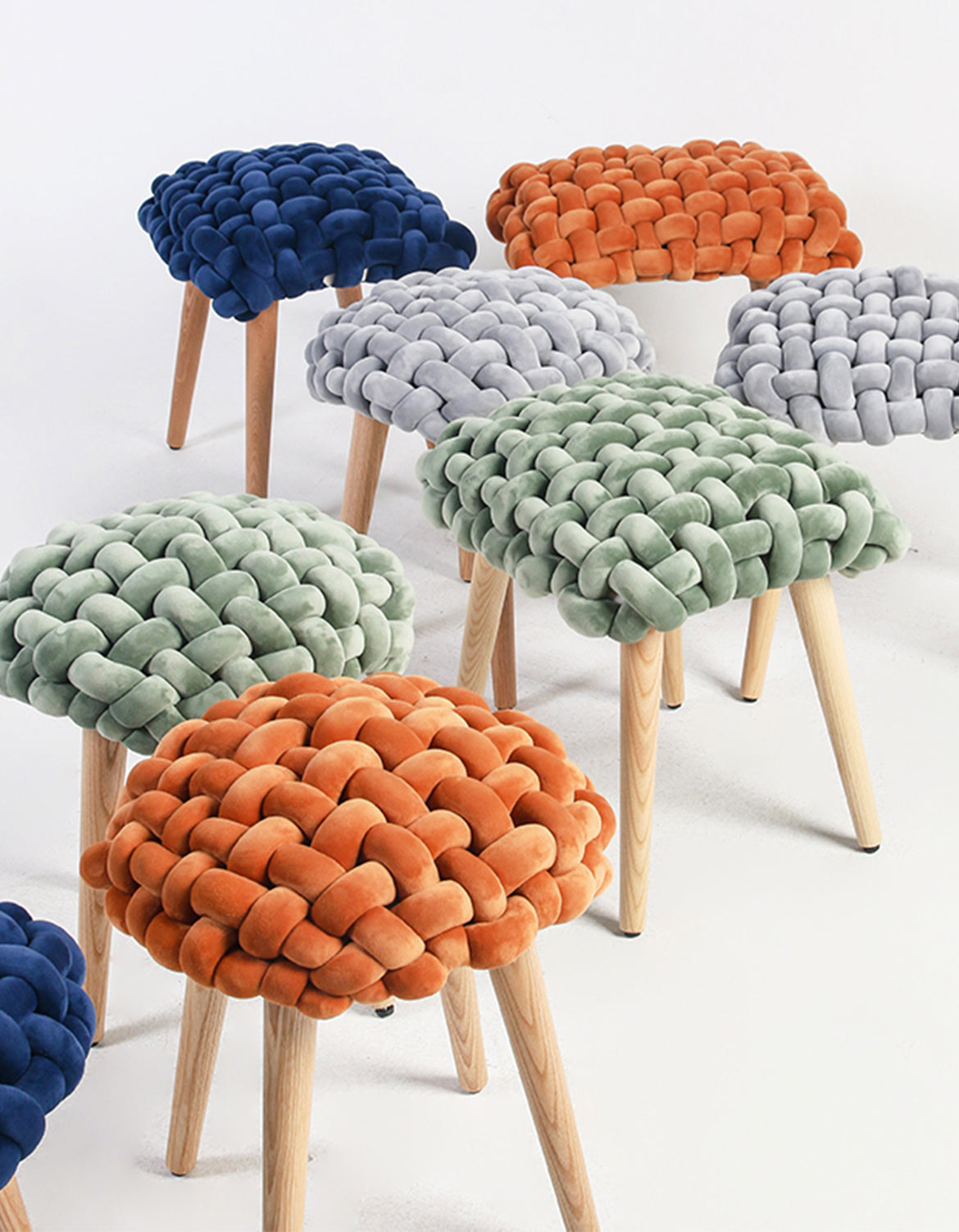 Orange knitted velvet thick knot dressing table stool with wooden legs perfect for dressing table use