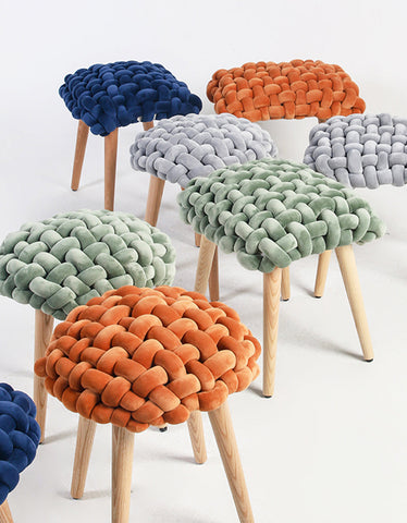 Orange knitted velvet thick knot dressing table stool with wooden legs perfect for dressing table use