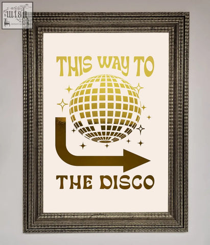 Gold foil-stamped disco foil print featuring a disco ball in a textured dark brown frame perfect for decor