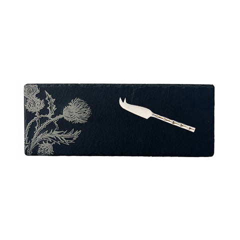 Black mini slate cheese board with silver thistle engraving and matching silver cheese knife set