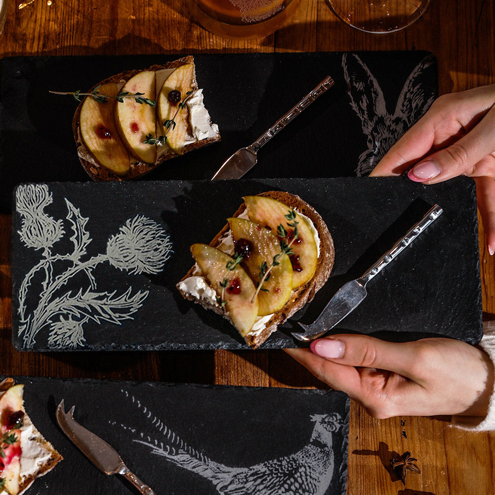 Black slate mini slate cheese board with white etched thistle design perfect for serving cheese and snacks