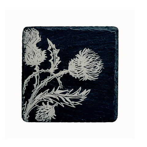 Dark slate single slate coaster with an intricately engraved silver thistle design from the thistle trio collection