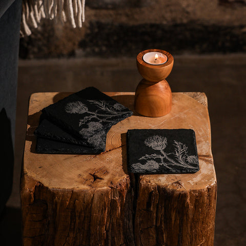 Black slate coasters set of 4 with white etched thistle designs perfect for stylish drink protection