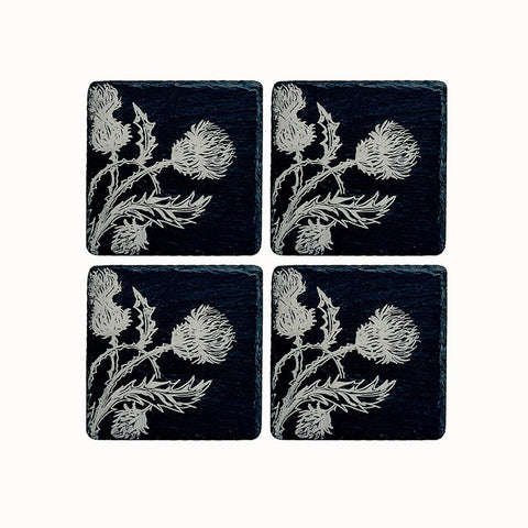 Set of 4 dark slate coasters with silver engraved thistle design perfect for stylish drink protection