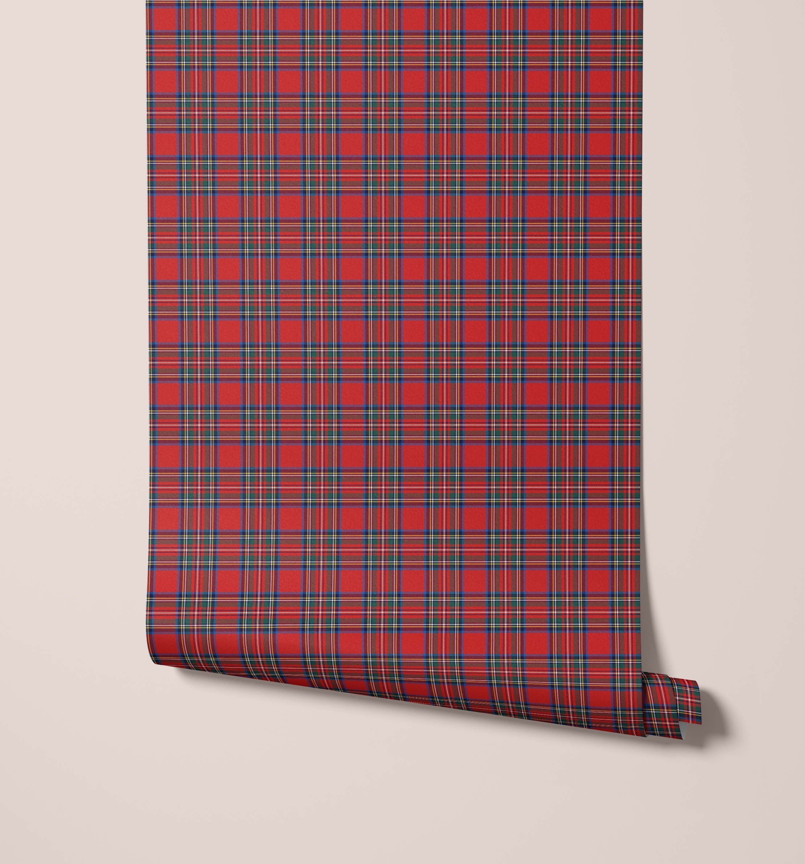 Red plaid tartan wallpaper with navy blue green and white stripes from thompson collection