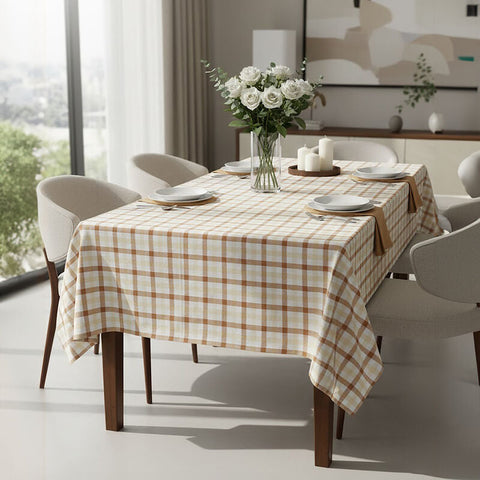 Beige and tan plaid terracotta gingham tablecloth with a subtle woven texture perfect for dining decor