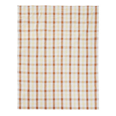 A beige and brown classic plaid terracotta gingham tablecloth from thread and loom perfect for dining tables