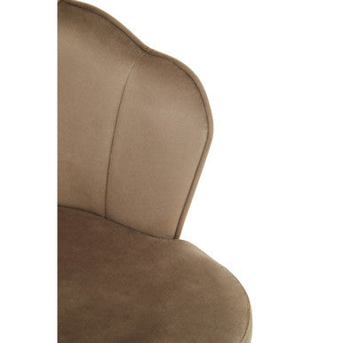 Beige velvet armchair with curved scalloped backrest and soft padded upholstery in tian mink velvet chair design