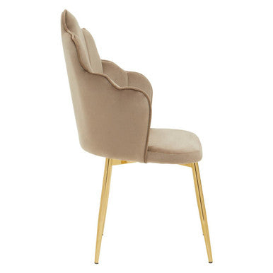 Beige tian mink velvet chair with scalloped back design and gold metal legs perfect for stylish seating