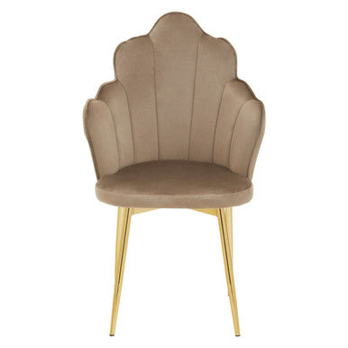 Beige tian mink velvet chair with scalloped back and gold-tone metal legs perfect as a mink velvet chair