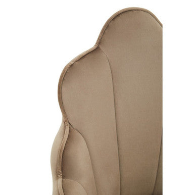 Beige tian mink velvet chair with scalloped shell like velvet headboard perfect for stylish seating