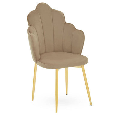 Beige tian mink velvet chair with scalloped back and gold-tone legs perfect for stylish seating