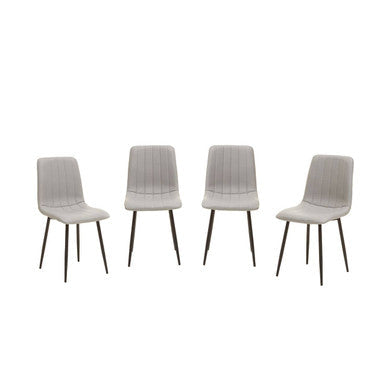Set of four modern dining chairs with light grey leather effect upholstery and black metal legs for dining room use