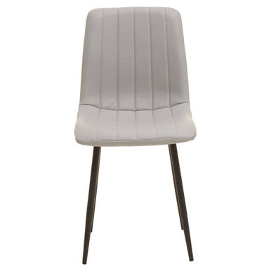 A modern light grey leather effect dining chair with vertical stitching and black metal legs from the tiana set of 4