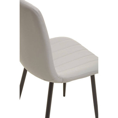 Modern gray upholstered dining chair with sleek black metal legs in light grey leather effect finish