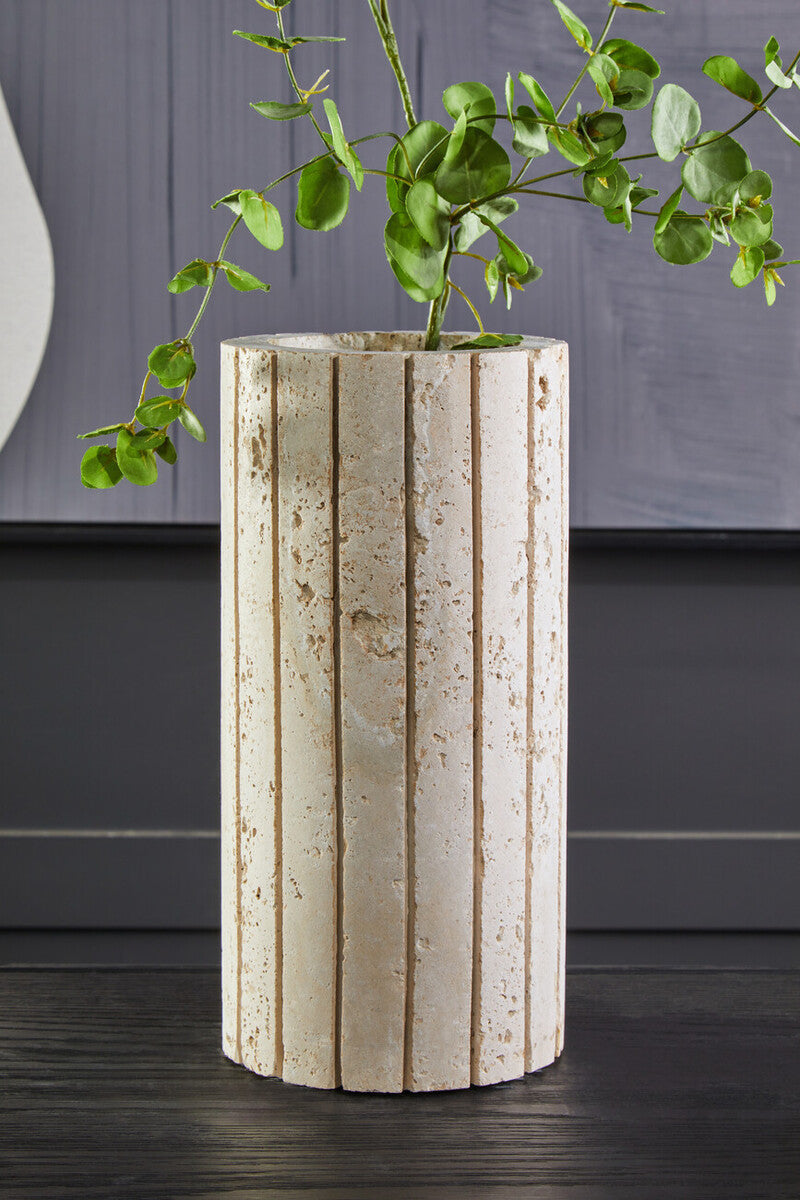 Beige textured tibor travertine ribbed vase with vertical ribbed design perfect for stylish decor