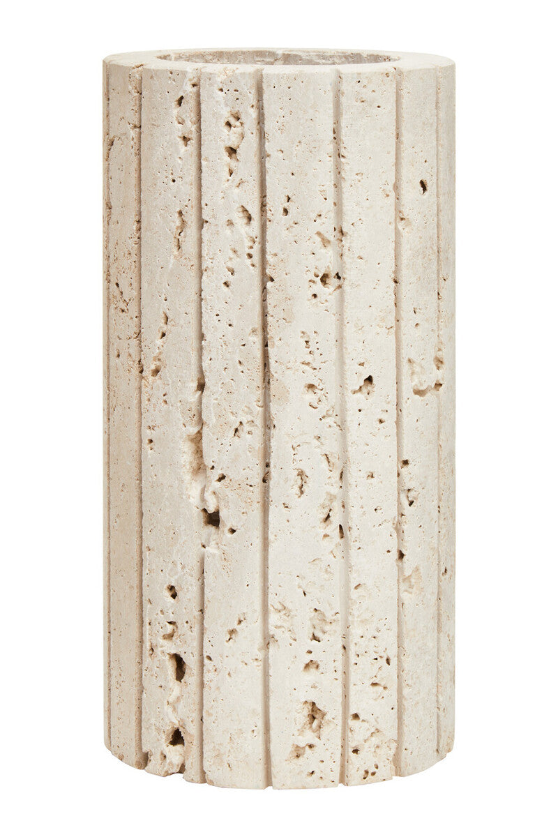 Beige tibor travertine ribbed vase with textured concrete and vertical ribbed design perfect for decor display