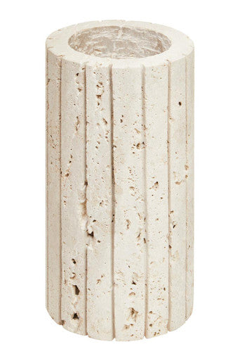 Cream-colored tibor travertine ribbed vase with vertically fluted textured terracotta and circular top opening