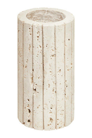 Cream-colored tibor travertine ribbed vase with vertically fluted textured terracotta and circular top opening