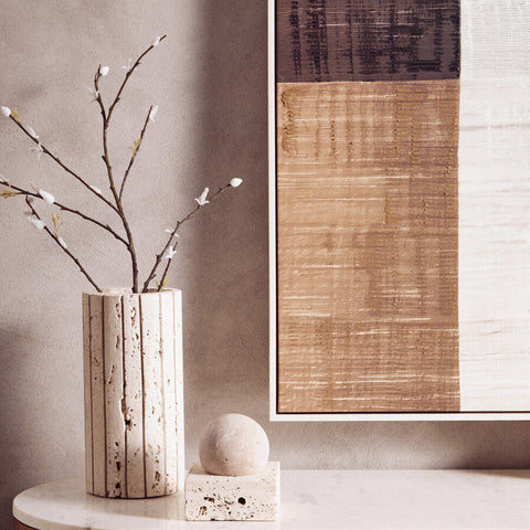 Cream-colored tibor travertine ribbed vase with vertical ribs and textured surface perfect for stylish decor