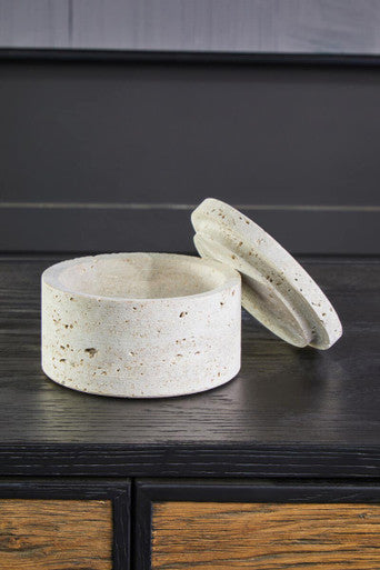 White speckled concrete tibor travertine round trinket box with matching lid for stylish storage