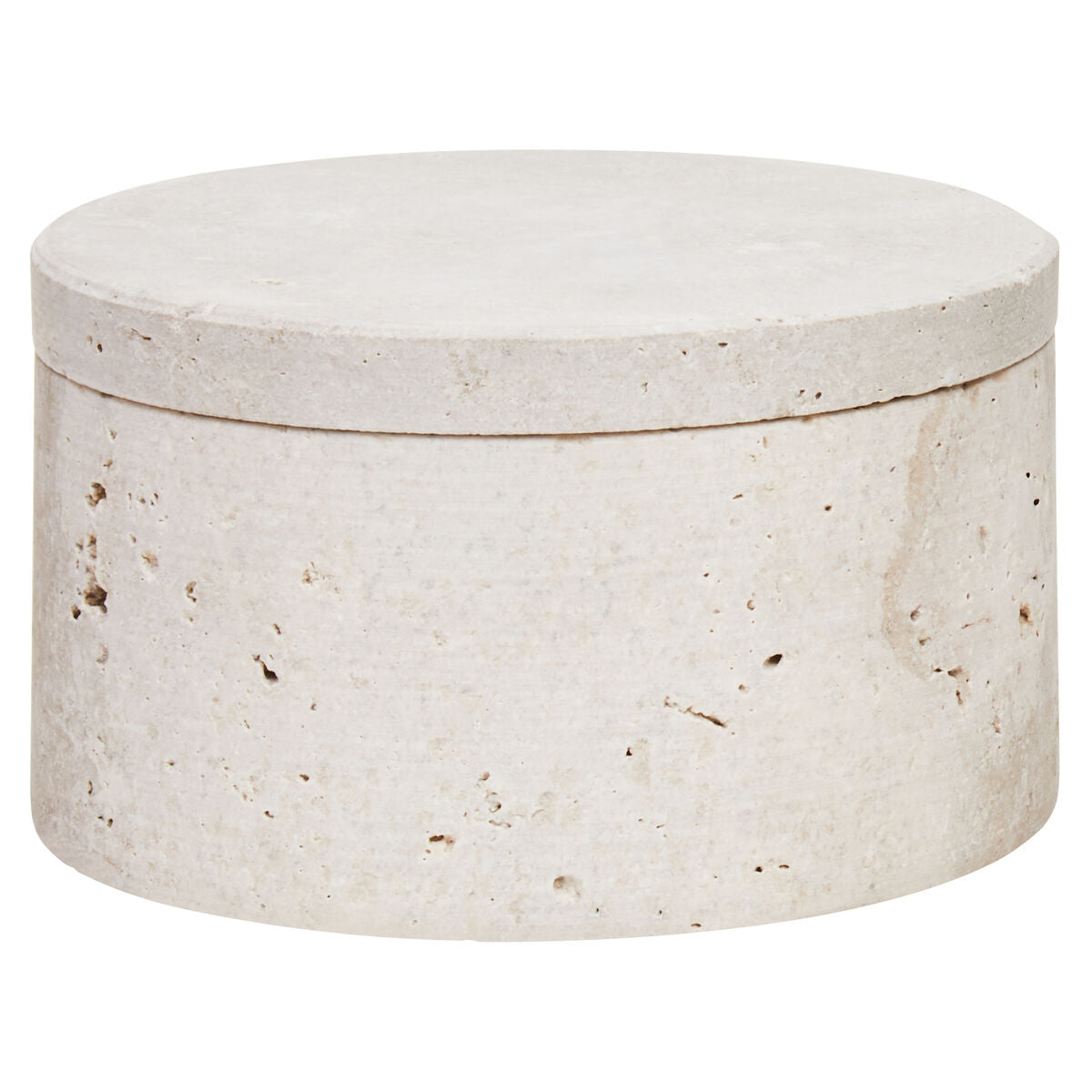 Cream-colored tibor travertine round textured concrete trinket box with matching lid for stylish storage