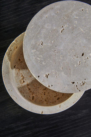 Tibor travertine round light gray stone round trinket box with textured surface and subtle speckles