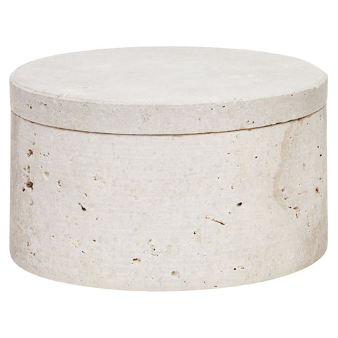 Cream-colored tibor travertine round textured concrete trinket box with matching lid for stylish storage