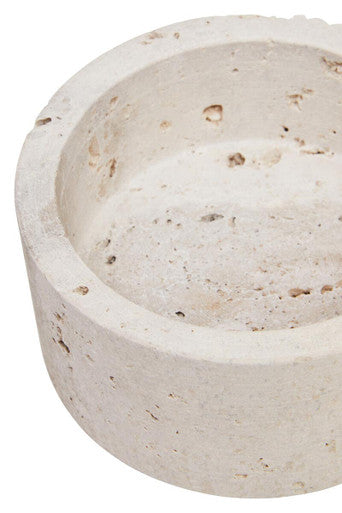 Beige concrete tibor travertine round trinket box with textured speckled surface and slightly chipped edges ashtray design