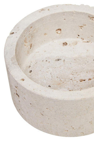 Beige concrete tibor travertine round trinket box with textured speckled surface and slightly chipped edges ashtray design