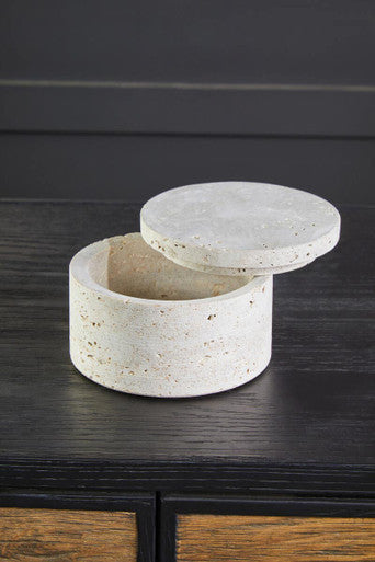Tibor travertine round off-white speckled concrete round trinket box with matching lid for storage