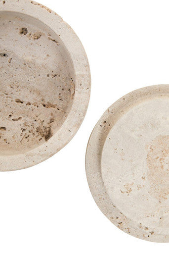 Beige tibor travertine round trinket box with textured speckled stone surface and smooth rounded edges