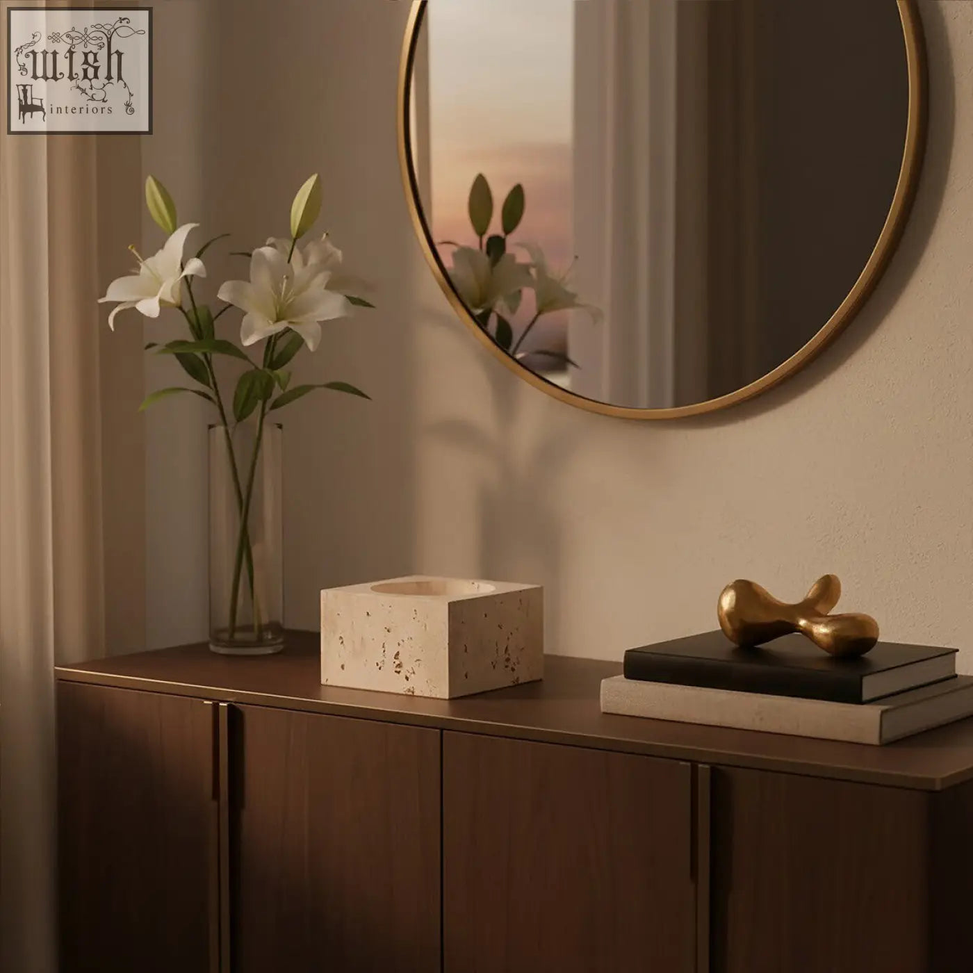 Cream-colored tibor travertine square decorative bowl with speckled texture and circular opening on top for tissues
