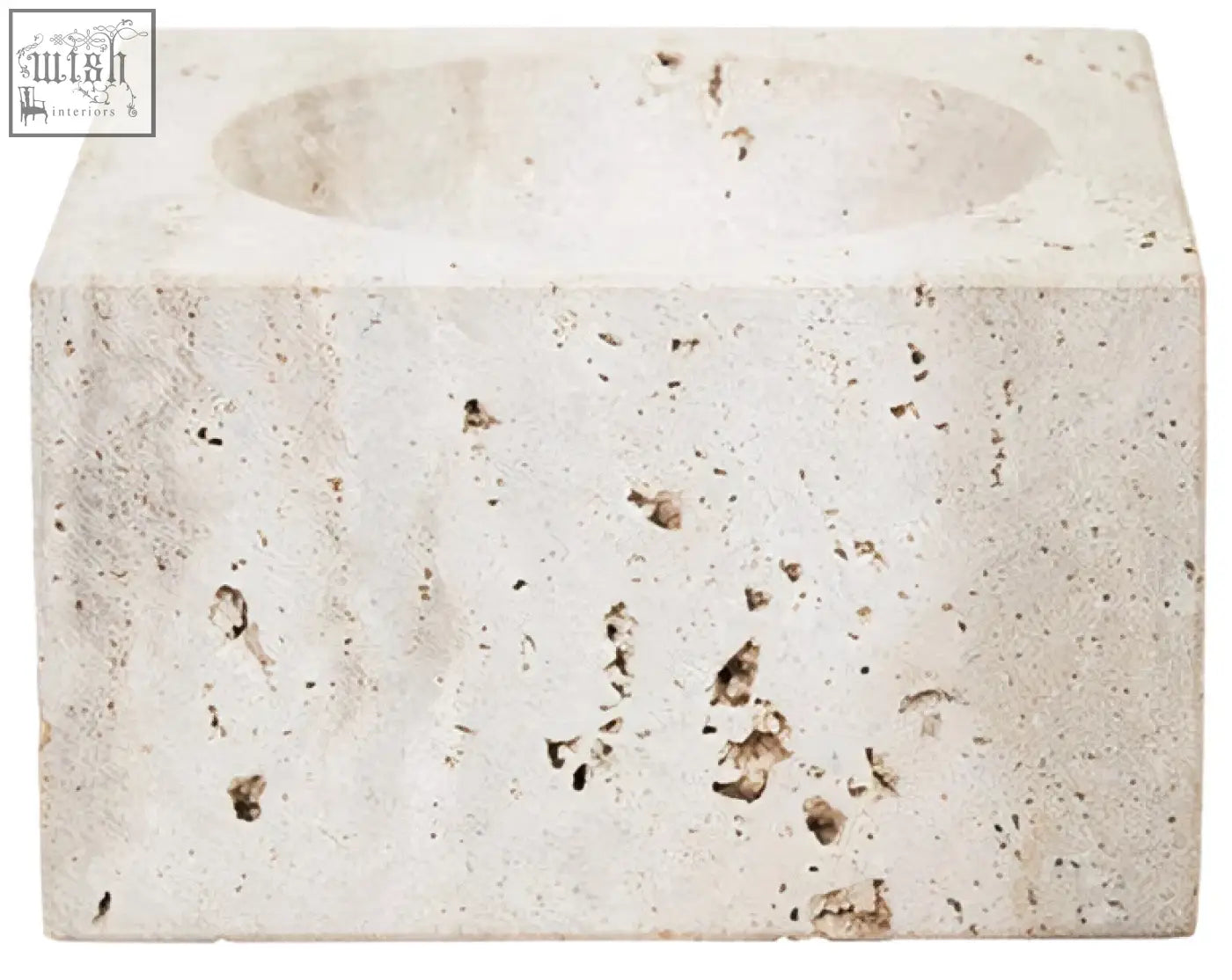 Off-white tibor travertine square decorative bowl with a textured speckled surface made of travertine stone