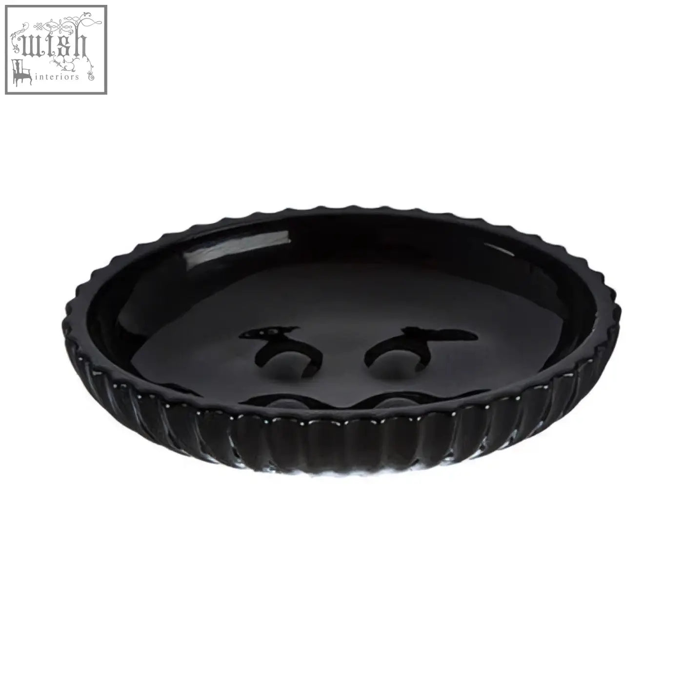 Ticino brittany black glass soap dish in black ceramic with scalloped rim and two circular indentations for soap placement