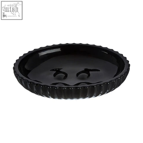 Ticino brittany black glass soap dish in black ceramic with scalloped rim and two circular indentations for soap placement
