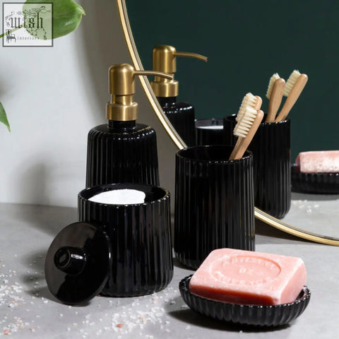 Ticino brittany black ribbed ceramic bathroom set with gold pump dispensers and matching brittany black glass soap dish
